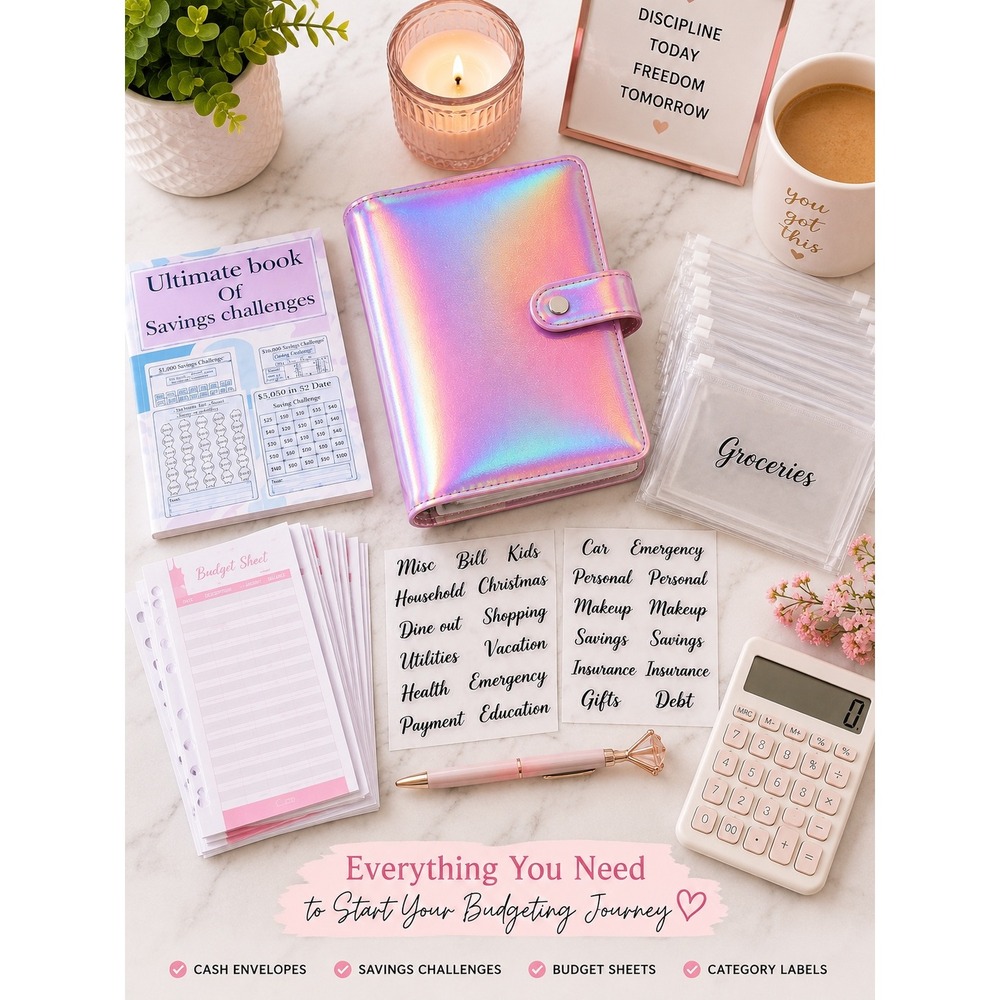 Skydue A6 Cash Stuffing Budget Binder Kit Holographic Savings Challenge Planner